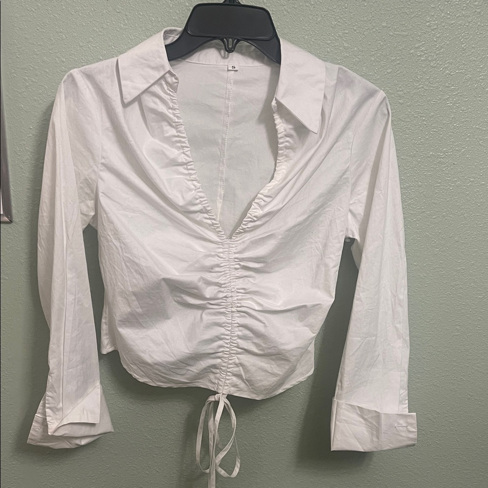 SHEIN White Ruched Drawstring Collared Button-Down Top